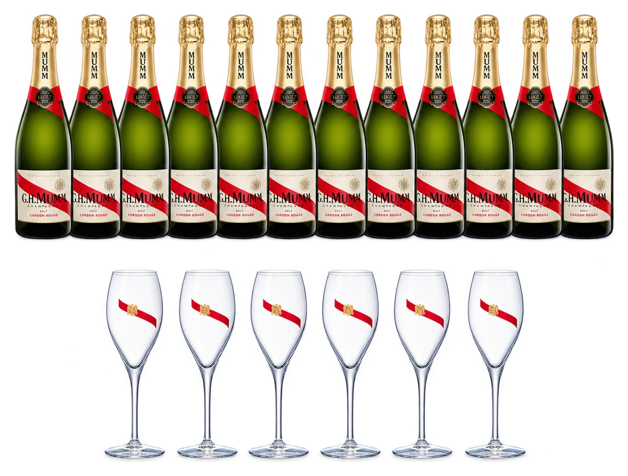 12 Champagnes Mumm Cordon Rouge + 6 Flutes