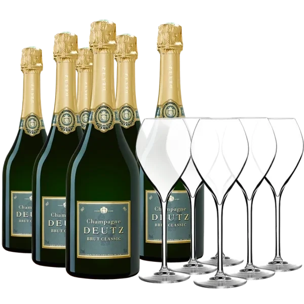 6 Champagnes Deutz Brut Classic + 6 flûtes