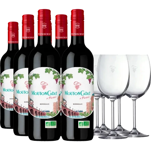 Pack 6 Bottiglie Mouton Cadet Bio Rouge X Pierre 2024 - Baron Philippe de Rothschild + 6 Bicchieri Mouton Cadet In Omaggio